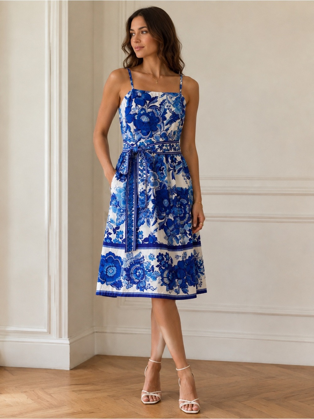 Joie 100% Cotton Floral Midi Dress A Line Blue White Pockets Belted Size 8